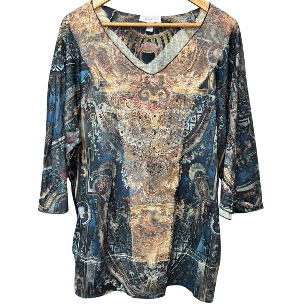 flowy sleeved Baroque top with lacey mesh panel, size 1X